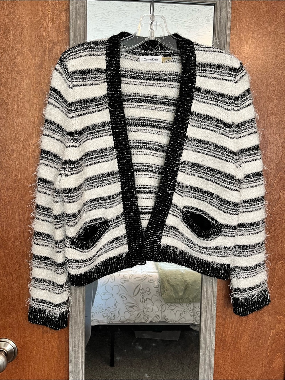 Calvin Klein Black and White Striped Open Cardigan - Picture 2 of 4